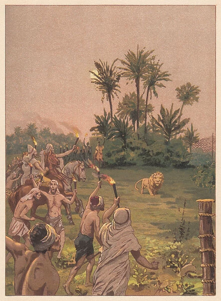 A lion hunt in antiquity, chromolithograph, published in 1888
