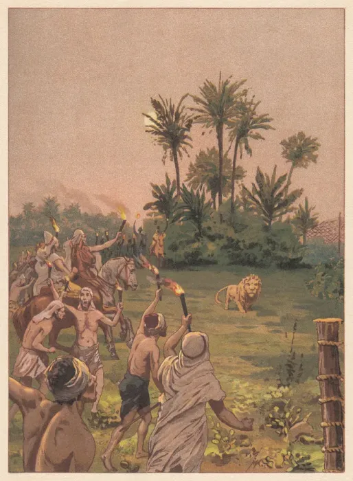 Framed Print : A lion hunt in antiquity, chromolithograph, published in 1888 Framed Print : A lion hunt in antiquity, chromolithograph, published in 1888