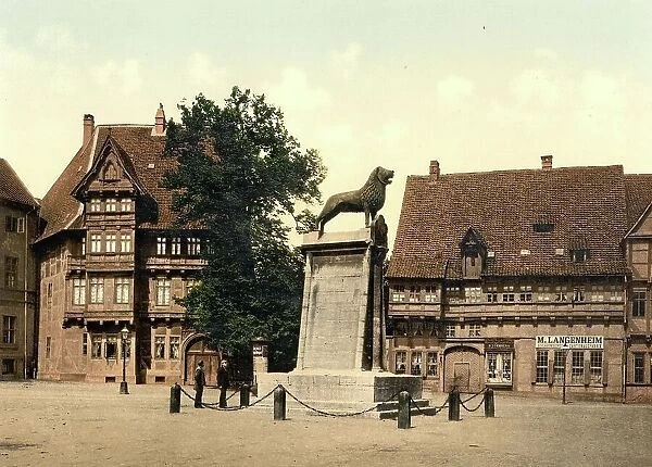 Lion Monument in Braunschweig, Lower Saxony, Germany, Historic, digitally restored reproduction of a photochromic print from the 1890s