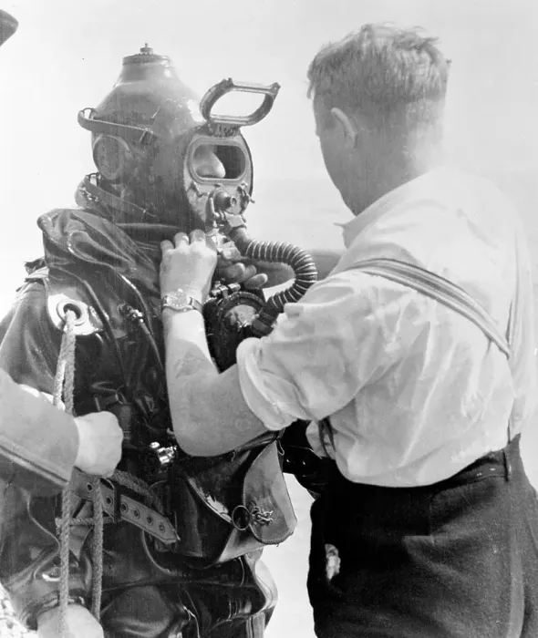 Framed Print : Lionel Crabb Preparing for Underwater Mission