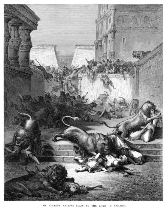 Framed Print : The lions attacking in Samaria engraving 1870 Framed Print : The lions attacking in Samaria engraving 1870