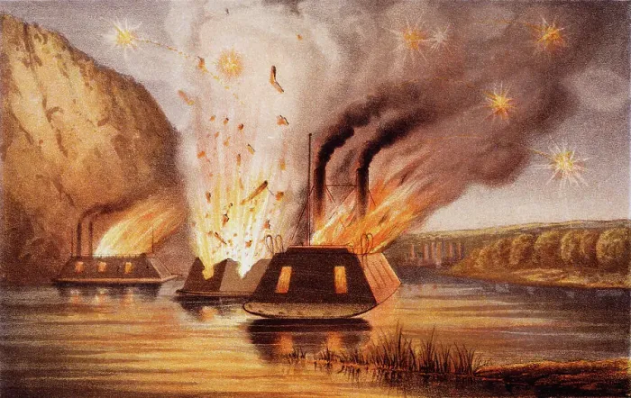 Framed Print : Lithograph Depicting the Destruction of the James River Fleet Framed Print : Lithograph Depicting the Destruction of the James River Fleet