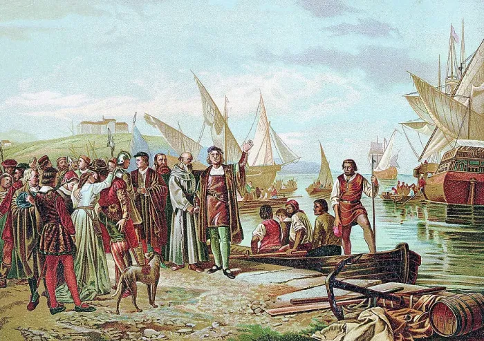 Framed Print : Lithograph of the Embarkation and Departure of Columbus from the Port of Palos after a painting by Ricardo Balaca Framed Print : Lithograph of the Embarkation and Departure of Columbus from the Port of Palos after a painting by Ricardo Balaca