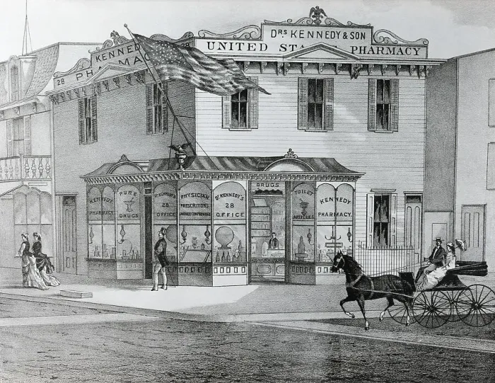 Framed Print : Lithograph Of Street Corner, Pharmacy Framed Print : Lithograph Of Street Corner, Pharmacy