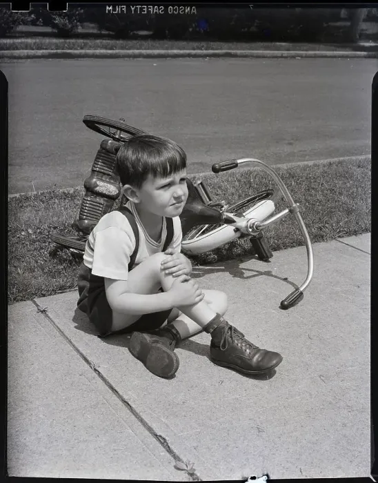 Framed Print : Little Boy with Overturned Tricycle and Skinned Knee Framed Print : Little Boy with Overturned Tricycle and Skinned Knee