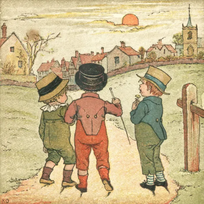 Framed Print : Three little boys walking on a footpath in autumn sunset Framed Print : Three little boys walking on a footpath in autumn sunset