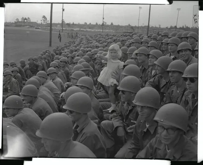 Framed Print : Little Girl Being Hoisted Above Group of ROTC Members Framed Print : Little Girl Being Hoisted Above Group of ROTC Members