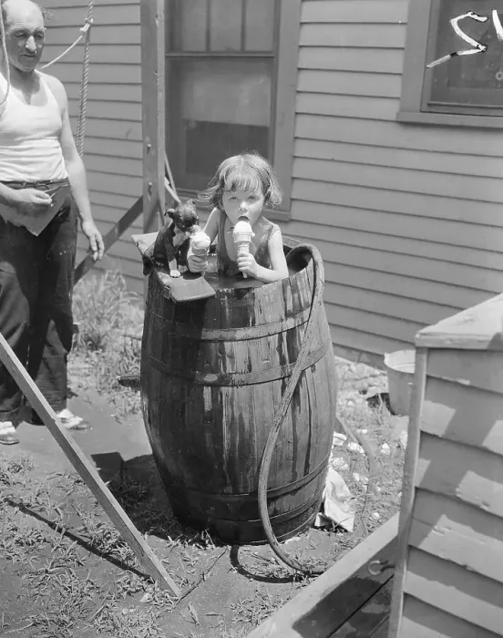 Framed Print : Little Girl and Puppy in Barrel Eating Ice Cream Cones Framed Print : Little Girl and Puppy in Barrel Eating Ice Cream Cones