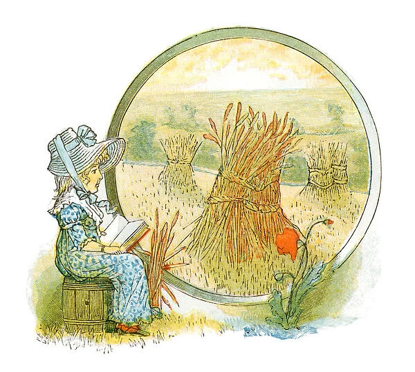 Little girl reading in a harvest field (Victorian illustration)