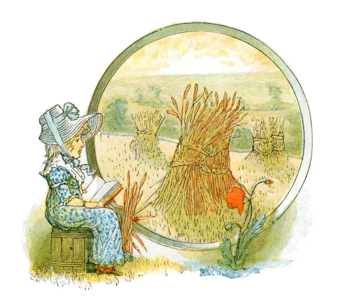 Framed Print : Little girl reading in a harvest field (Victorian illustration)