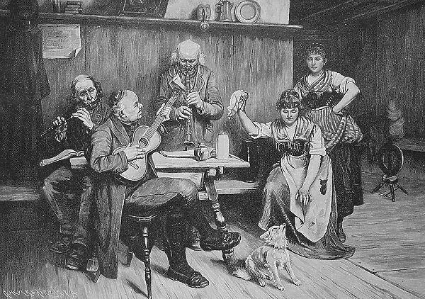 The little house dog disturbs the house music and the farmer's wife would like to chase him away, 1880, Germany, Historical, digital reproduction of an original 19th century original, original date unknown