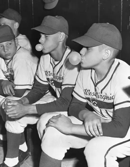 Framed Print : Little League Players Blowing Bubble Gum in Dugout Framed Print : Little League Players Blowing Bubble Gum in Dugout