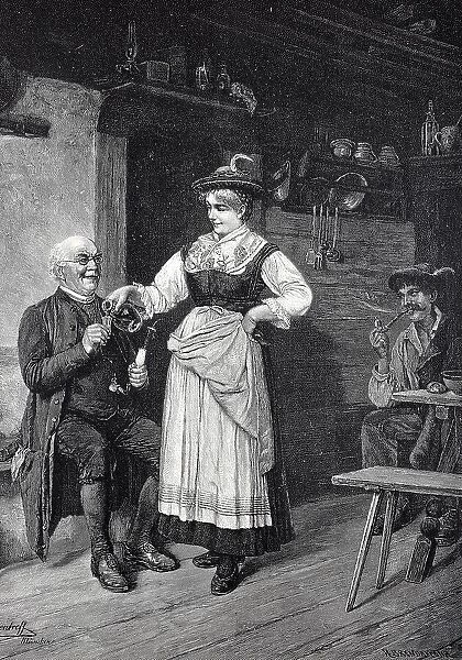 A little refreshment, the farmer's wife in traditional traditional costume pours the grandfather a schnapps, Austria, 1898, Historic, digital reproduction of an original 19th century original, original date not known
