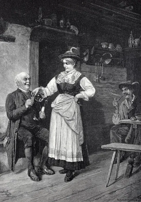 Framed Print : A little refreshment, the farmer's wife in traditional traditional costume pours the grandfather a schnapps, Austria, 1898, Historic, digital reproduction of an original 19th century original, original date not known