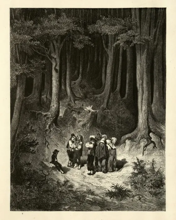 Framed Print : Little Thumb, seven small boys, alone in the dark forest