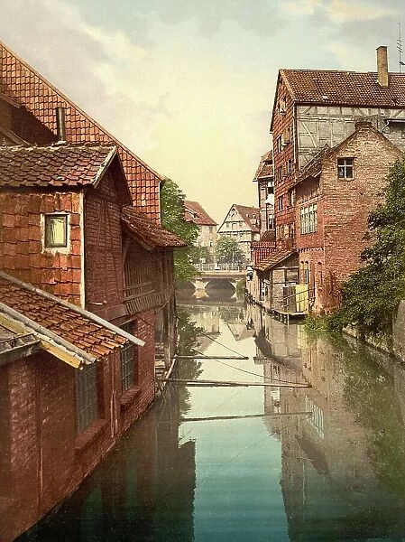 Little Venice in Hildesheim, Lower Saxony, Germany, Historic, digitally restored reproduction of a photochromic print from the 1890s