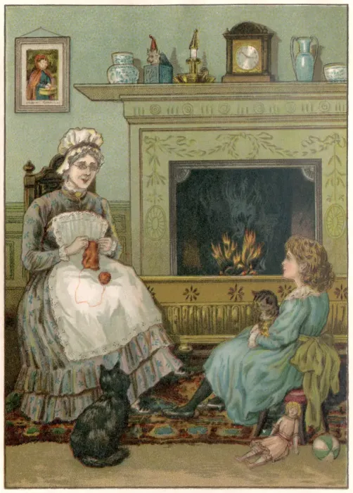 Framed Print : Little Victorian girl sitting beside the nursery fire with her nurse and cats Framed Print : Little Victorian girl sitting beside the nursery fire with her nurse and cats