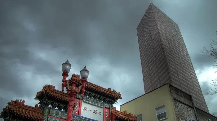 Framed Print : Living in Harmony, Chinatown with Modern Building