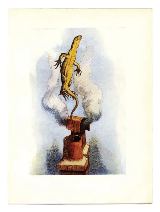 Framed Print : Lizard emerging from chimney illustration, (Alices Adventures in Wonderland)