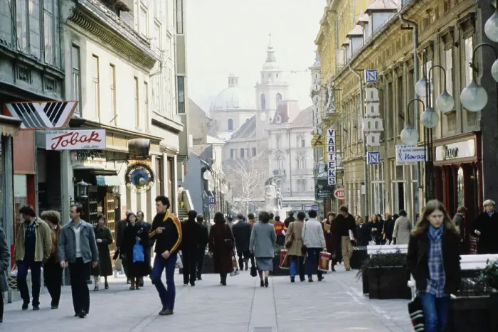 Framed Print : Ljubljana. View of people walking along Čop Street Framed Print : Ljubljana. View of people walking along Čop Street