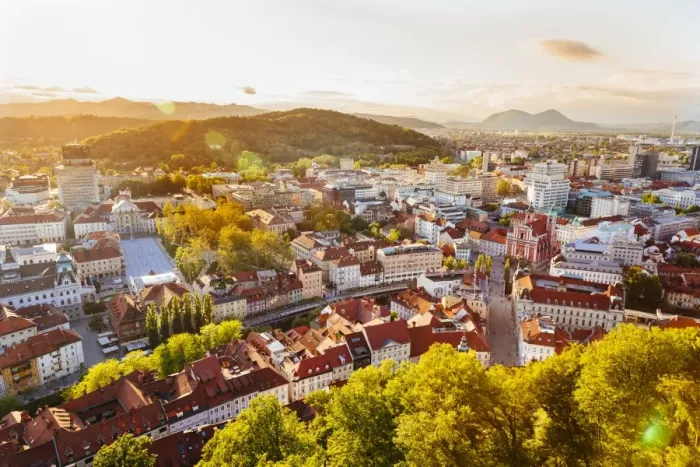 Framed Print : Ljubljana cityscape seen from above at sunset, Slovenia, EU Framed Print : Ljubljana cityscape seen from above at sunset, Slovenia, EU