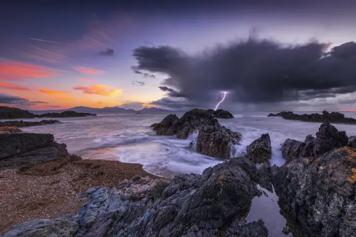 Framed Print : Llanddwyn Island beach at sunset with a lightning strike, Bangor, Caernarfon, , Anglesey Framed Print : Llanddwyn Island beach at sunset with a lightning strike, Bangor, Caernarfon, , Anglesey