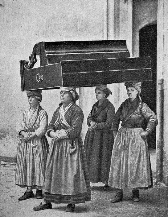 Framed Print : Load carriers in San Remo, Italy, four woman carrying a piece of furniture on their heads, Historic, digitally restored reproduction of an 18th century original, exact original date unknown Framed Print : Load carriers in San Remo, Italy, four woman carrying a piece of furniture on their heads, Historic, digitally restored reproduction of an 18th century original, exact original date unknown