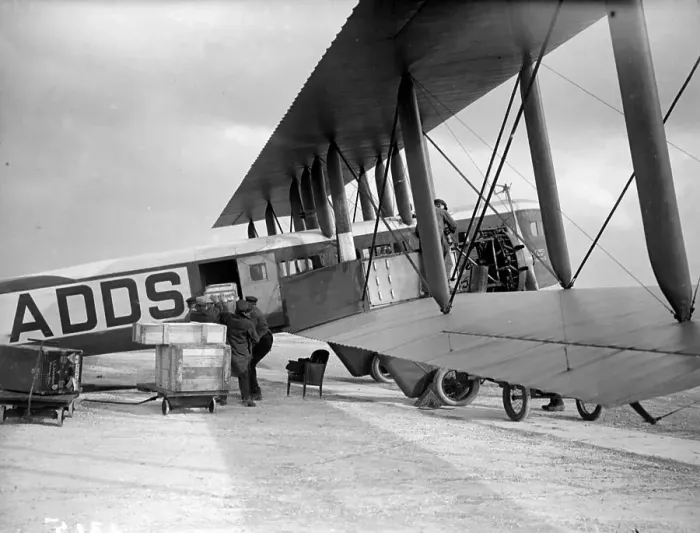 Framed Print : Loading. August 1926: Loading a Farman F.60 Goliath bi-plane airliner with crates Framed Print : Loading. August 1926: Loading a Farman F.60 Goliath bi-plane airliner with crates