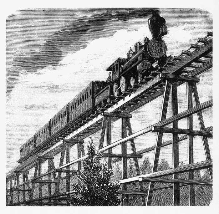 Framed Print : Locomotive Crossing a Tressel Bridge, Pan Pacific Railway Engraving, 1877