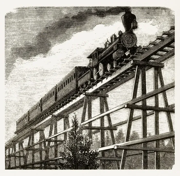 Framed Print : Locomotive Crossing a Tressel Bridge, Pan Pacific Railway Engraving, 1877 Framed Print : Locomotive Crossing a Tressel Bridge, Pan Pacific Railway Engraving, 1877