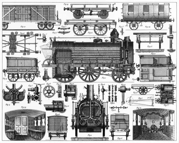 Framed Print : Locomotives and Railway Cars Engraving