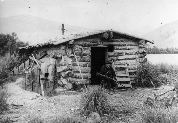 Log Cabin. 29th May 1885: A log cabin near the North Thompson River, in British Columbia