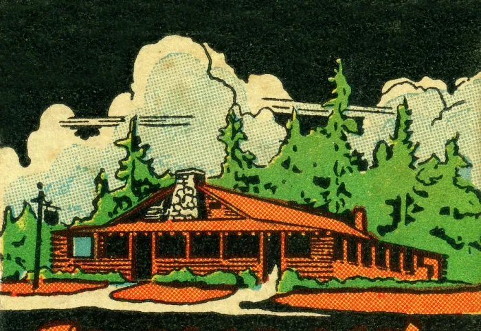 Framed Print : Log cabin. Matchbook image of large log cabin surrounded by evergreen trees Framed Print : Log cabin. Matchbook image of large log cabin surrounded by evergreen trees