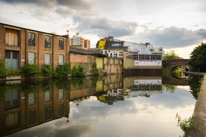 Framed Print : London. Late afternoon reflections of old industrial buildings on Regents Framed Print : London. Late afternoon reflections of old industrial buildings on Regents