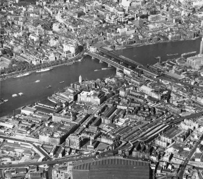 Framed Print : London From The Air; Thames at Blackfriars Bridge in London, with St Pauls Cathedral at top Framed Print : London From The Air; Thames at Blackfriars Bridge in London, with St Pauls Cathedral at top