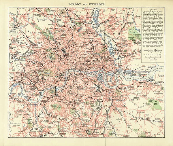 London and Environs Historical Map, Engraving, 1892