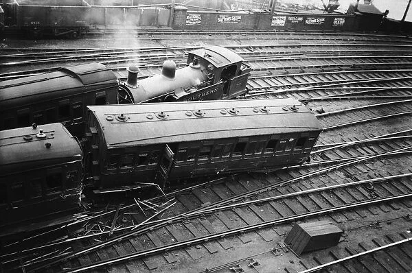 London Rail Crash. The wreckage of a Southern Railway train after a crash