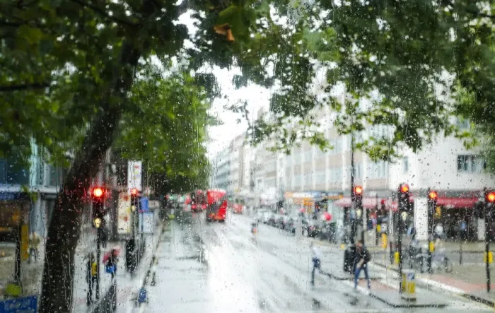 Framed Print : London street scene through rain-soaked bus windows, London, England, United Kingdom Framed Print : London street scene through rain-soaked bus windows, London, England, United Kingdom