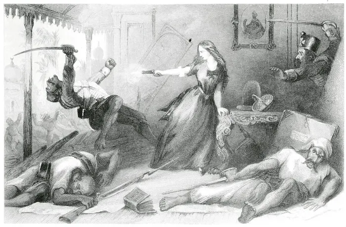 Framed Print : Lone Woman Using Gun on Sepoy Rebel with Sword Framed Print : Lone Woman Using Gun on Sepoy Rebel with Sword