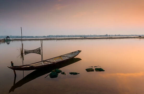 Lonely boat in lagoon  /  river landscape