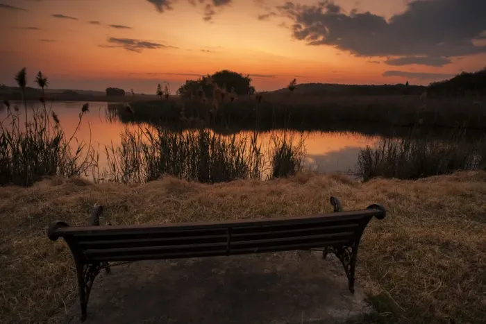 Framed Print : Lonesome bench landscape at sunset on the shore of a remote farm lake, Magaliesburg, Gauteng Province, South Africa Framed Print : Lonesome bench landscape at sunset on the shore of a remote farm lake, Magaliesburg, Gauteng Province, South Africa
