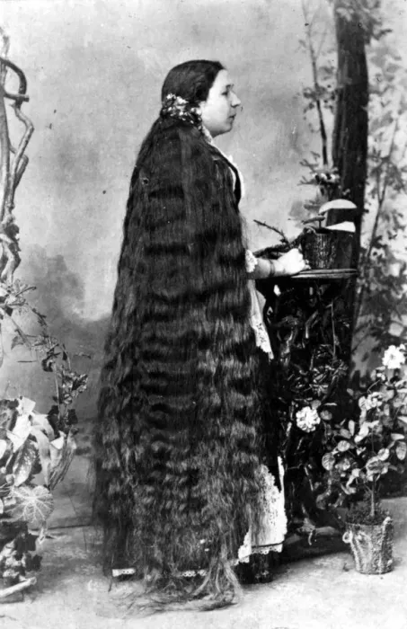 Framed Print : Long Hair. circa 1890: A lady with hair to her feet Framed Print : Long Hair. circa 1890: A lady with hair to her feet