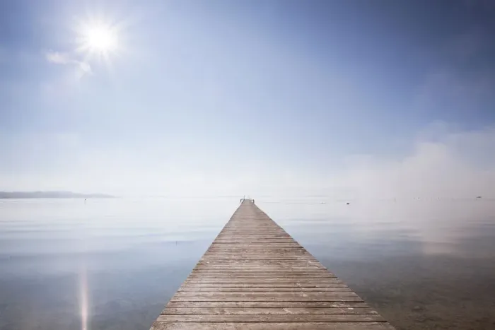 Framed Print : Very long jetty on Chiemsee Lake with high fog and sun near Seebruck, Bavaria, Germany, Europe, PublicGround