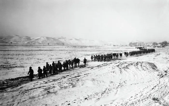 Framed Print : Long Line of Troops Marching in Snow