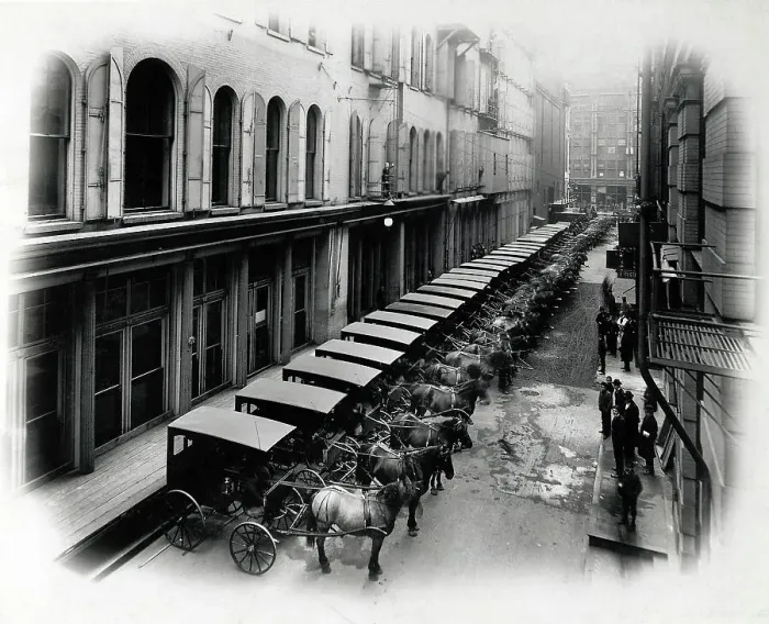 Framed Print : Long Row of Horse-Drawn Carts Framed Print : Long Row of Horse-Drawn Carts