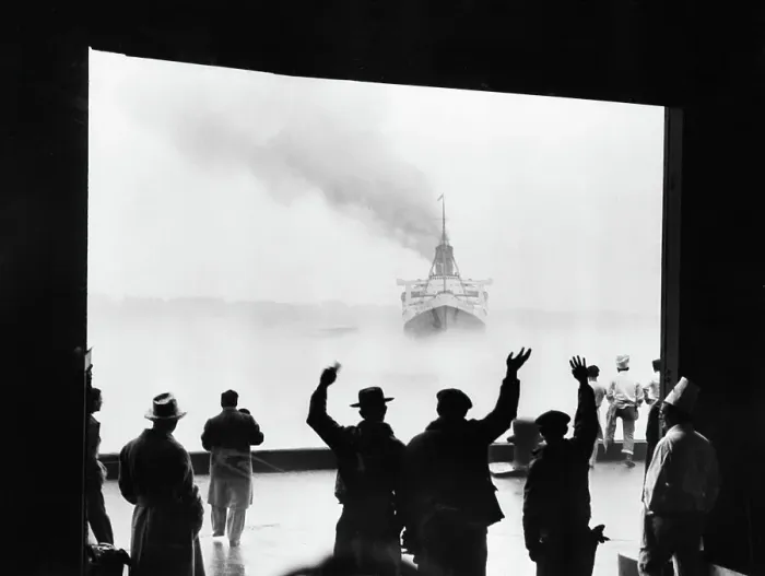 Framed Print : Longshoremen Waving to Liner Queen Mary Framed Print : Longshoremen Waving to Liner Queen Mary