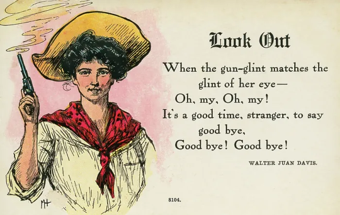 Framed Print : Look Out. One of a comic series of postcards protraying strong cowgirls Framed Print : Look Out. One of a comic series of postcards protraying strong cowgirls