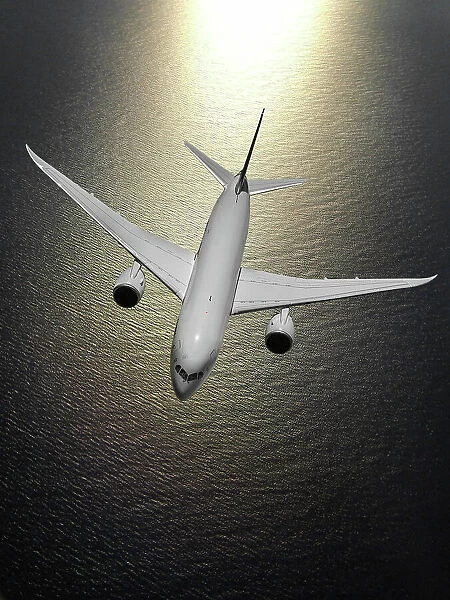 Look-down view of a Boeing 787-8 Dreamliner over the ocean