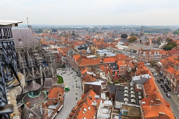 Looking over railings on the Belfry Beffroi tower at the cathedral Tournai Belgium