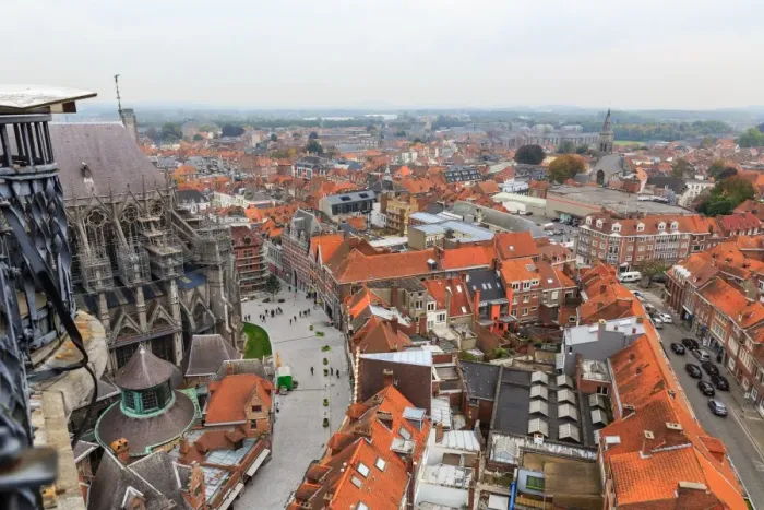 Framed Print : Looking over railings on the Belfry Beffroi tower at the cathedral Tournai Belgium Framed Print : Looking over railings on the Belfry Beffroi tower at the cathedral Tournai Belgium